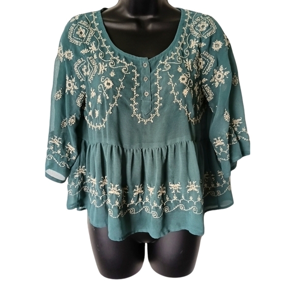 Free People Tops - FREE People Embroidery Smock Teal Top XS